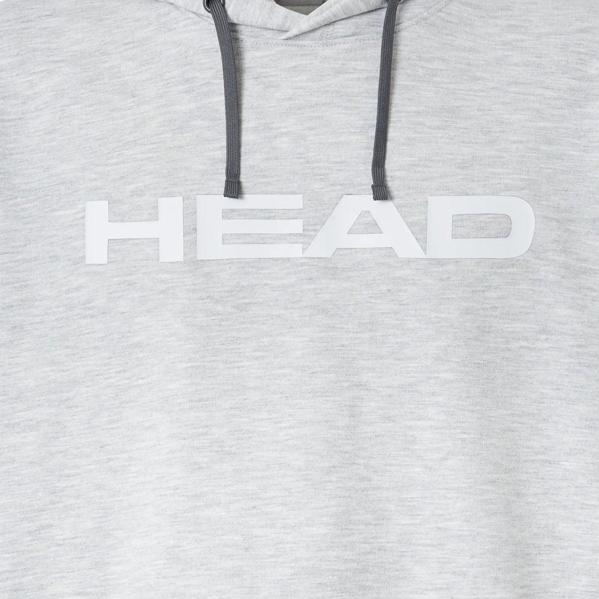 Detail van de Head Club Original Hoodie in Grijs - gedrukt HEAD-logo en capuchonkoord van dichtbij