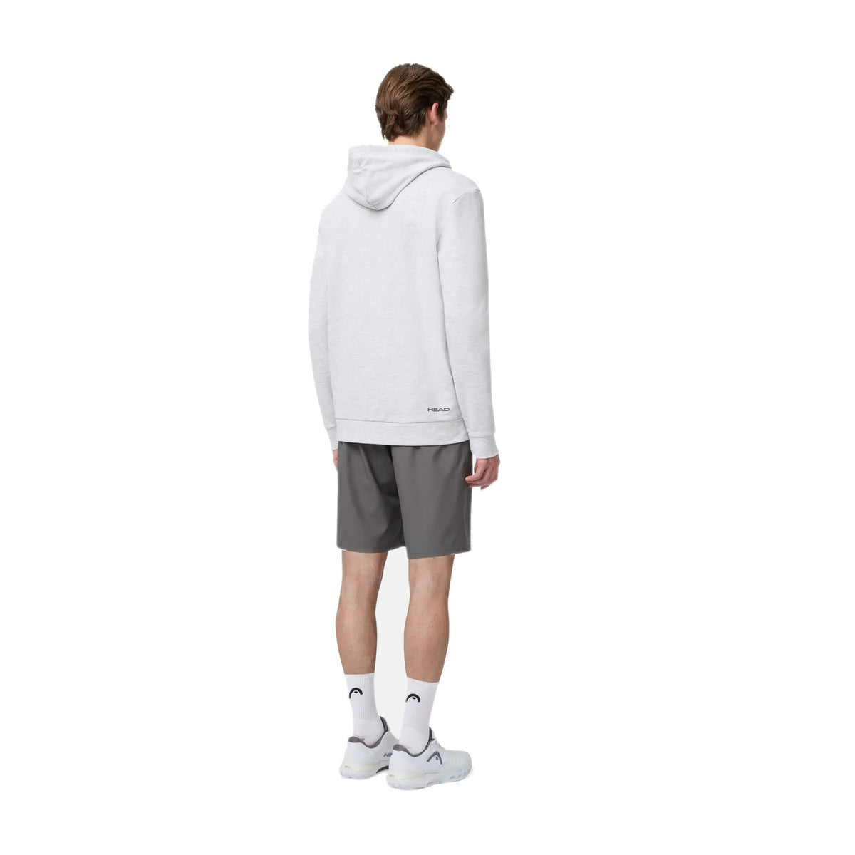 Model draagt de Head Club Original Hoodie in Grijs - achteraanzicht ten voeten uit