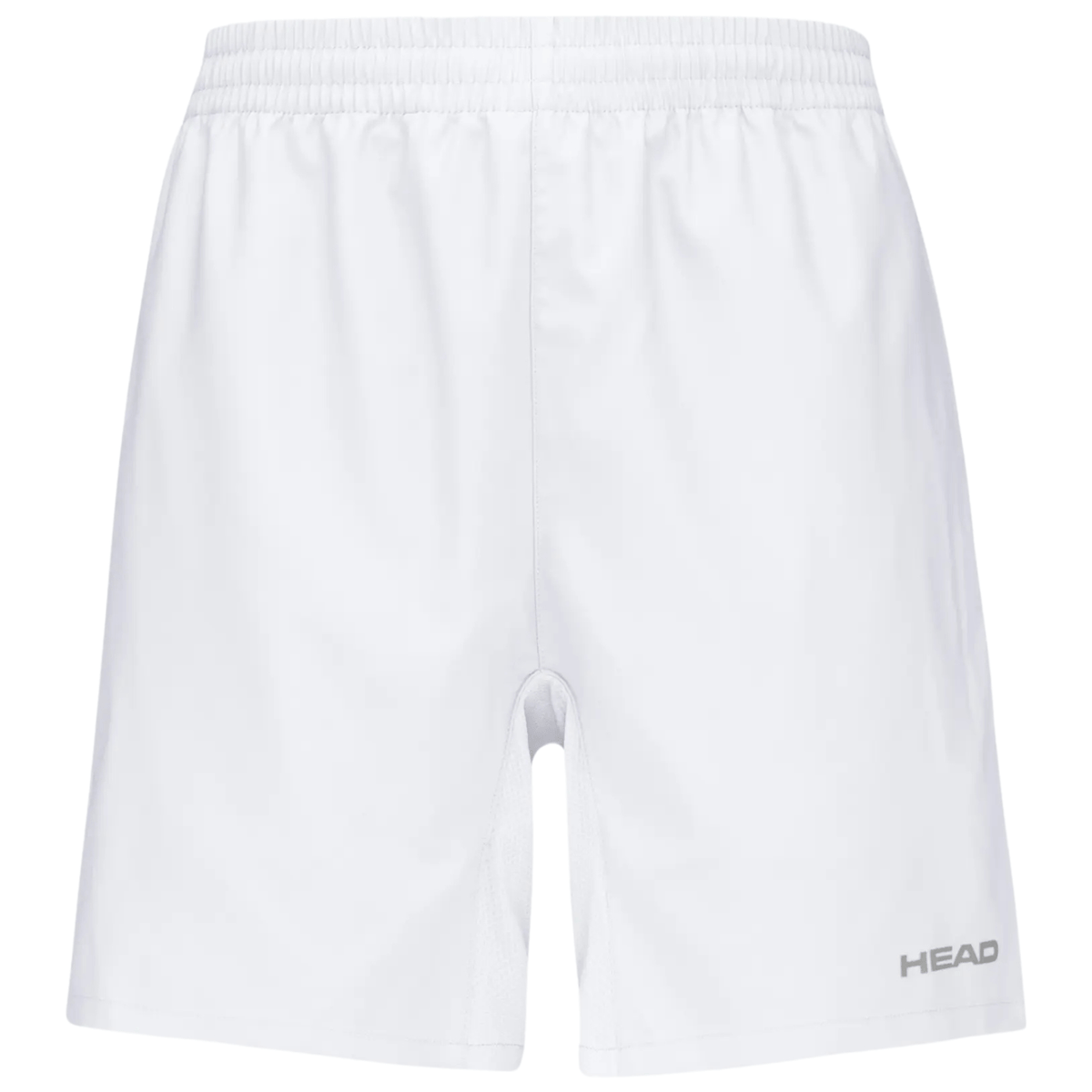 Vooraanzicht van de witte Head Club Shorts met grijs HEAD-logo op de rechterpijp