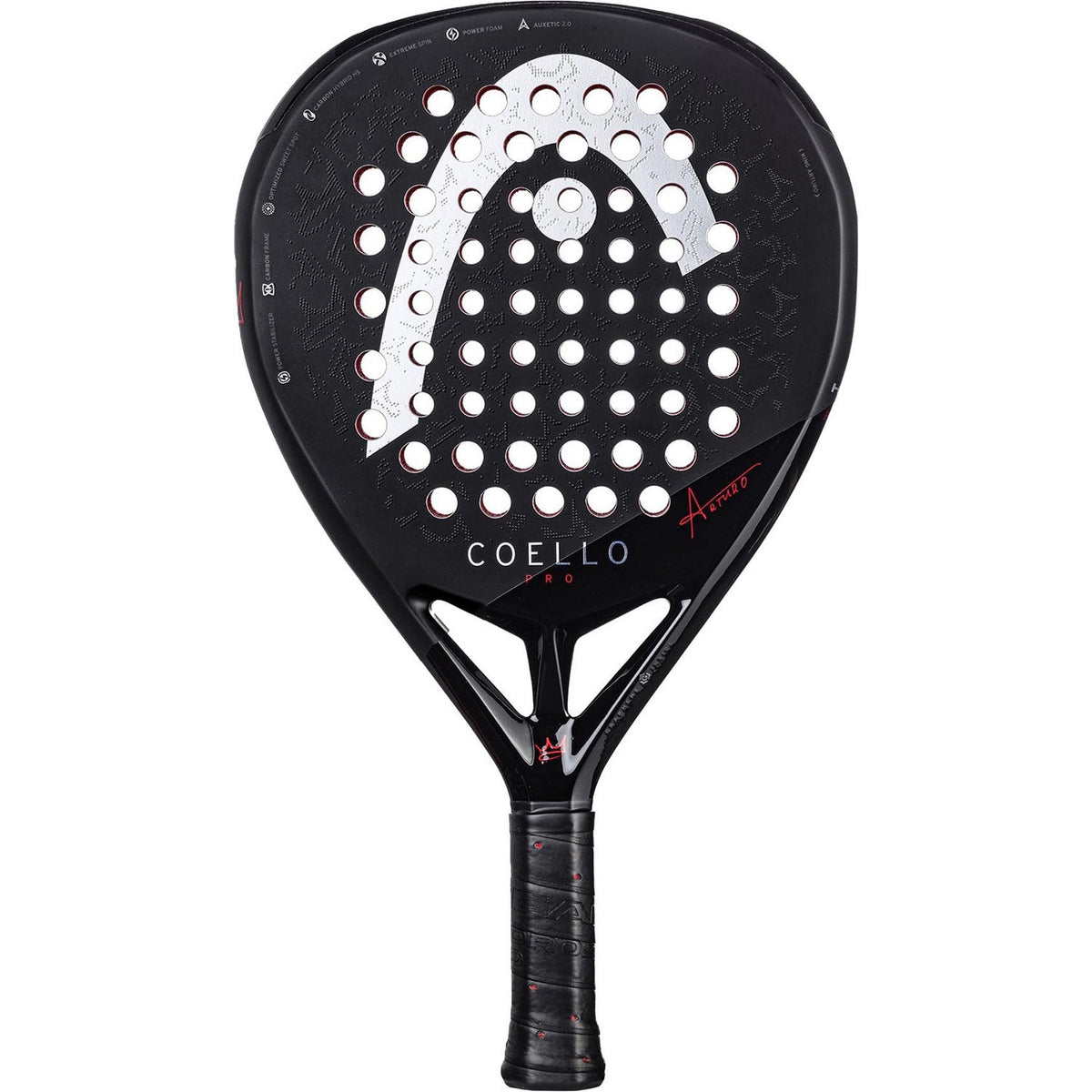 Head Coello Pro 2025 padelracket in zwart met wit Head-logo en witte gaten, vooraanzicht
