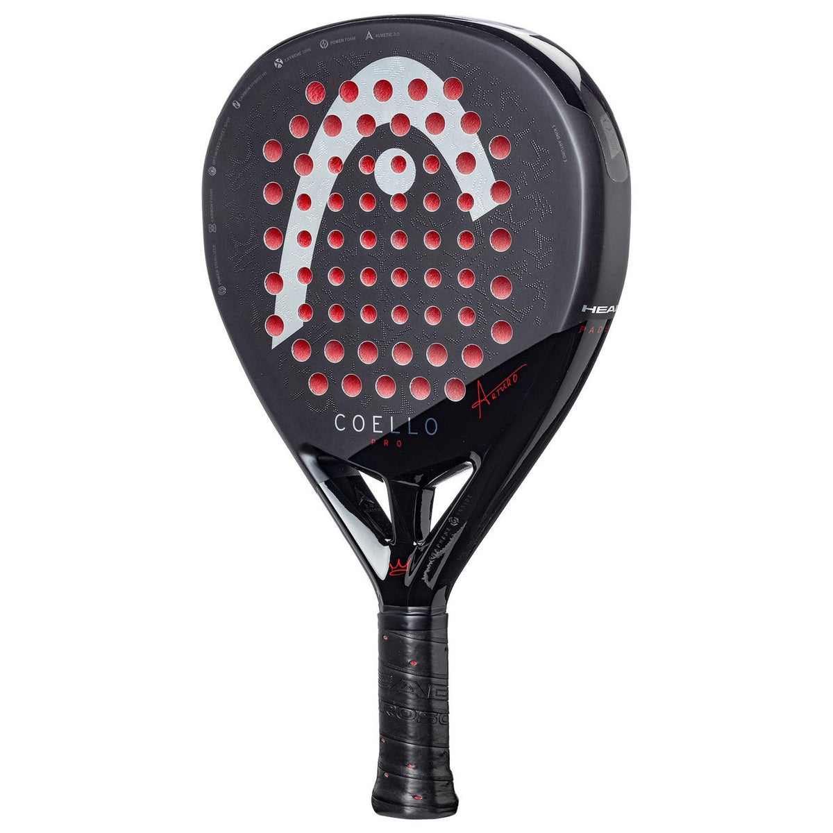 Head Coello Pro 2025 padelracket schuin vooraanzicht, diamantvorm in zwart met bordeauxrood