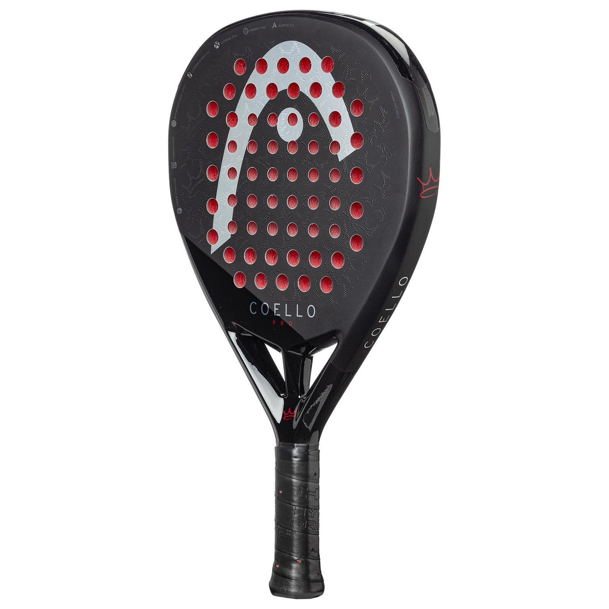 Head Coello Pro 2025 schuin van boven met rood bestippeld slagvlak en zwarte framerand