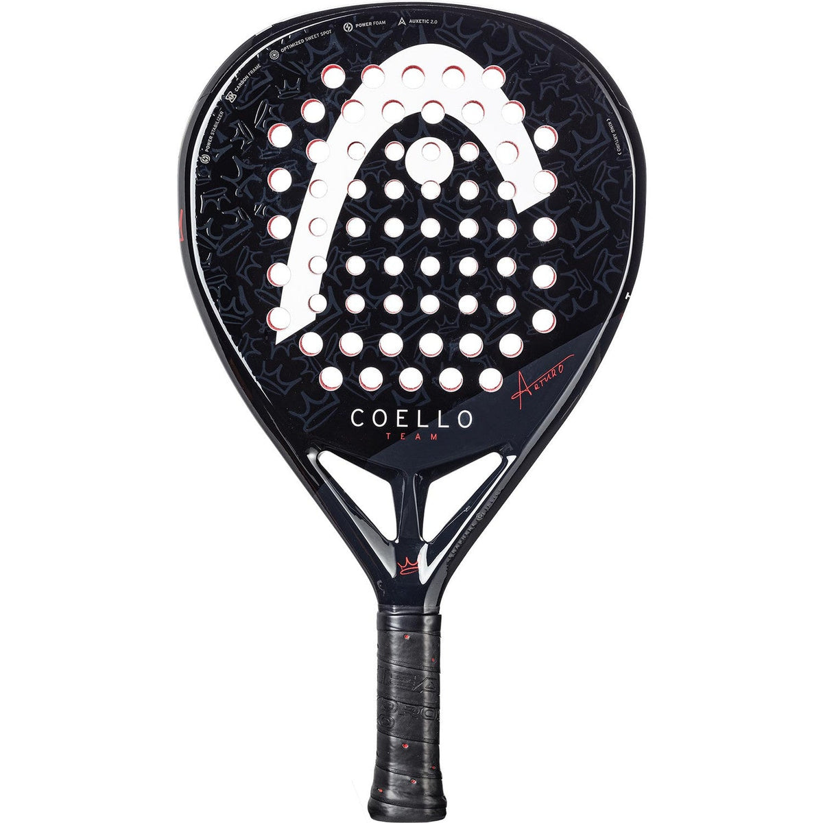 Head Coello Team 2025 padelracket in zwart met wit Head-logo en witte gaten, vooraanzicht