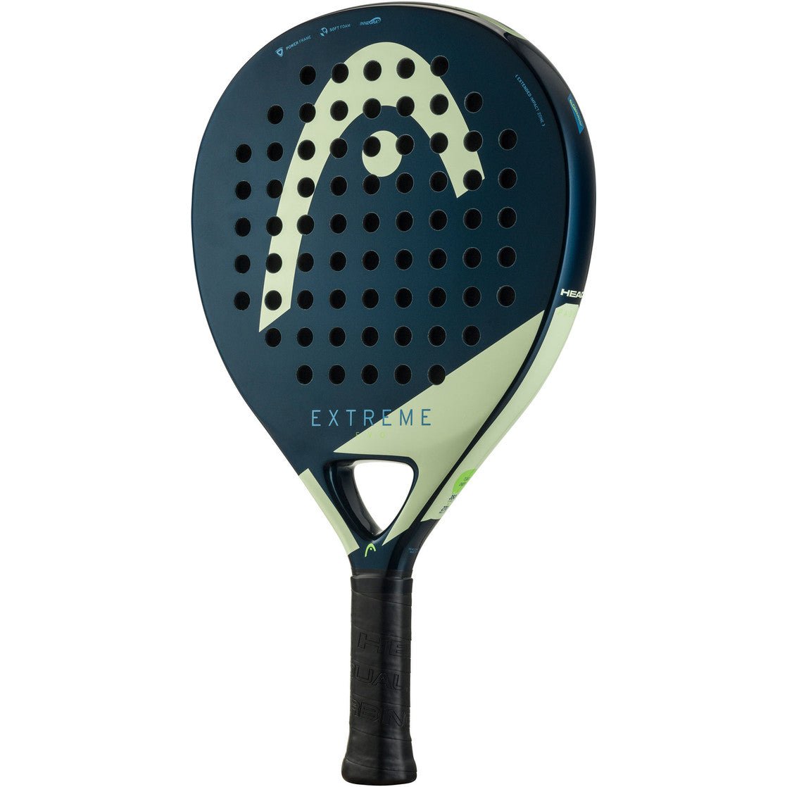 Head Evo Extreme 2025 padelracket schuin vooraanzicht, druppelvorm in donkerblauw met mintgroen