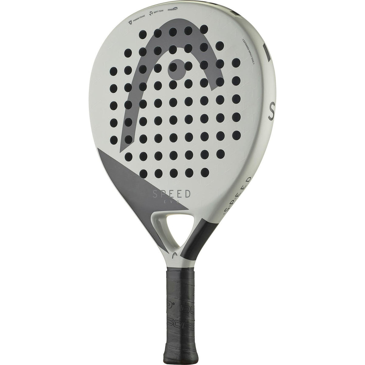 Head Evo Speed 2025 padelracket schuin vooraanzicht, druppelvorm in grijs met gebroken wit