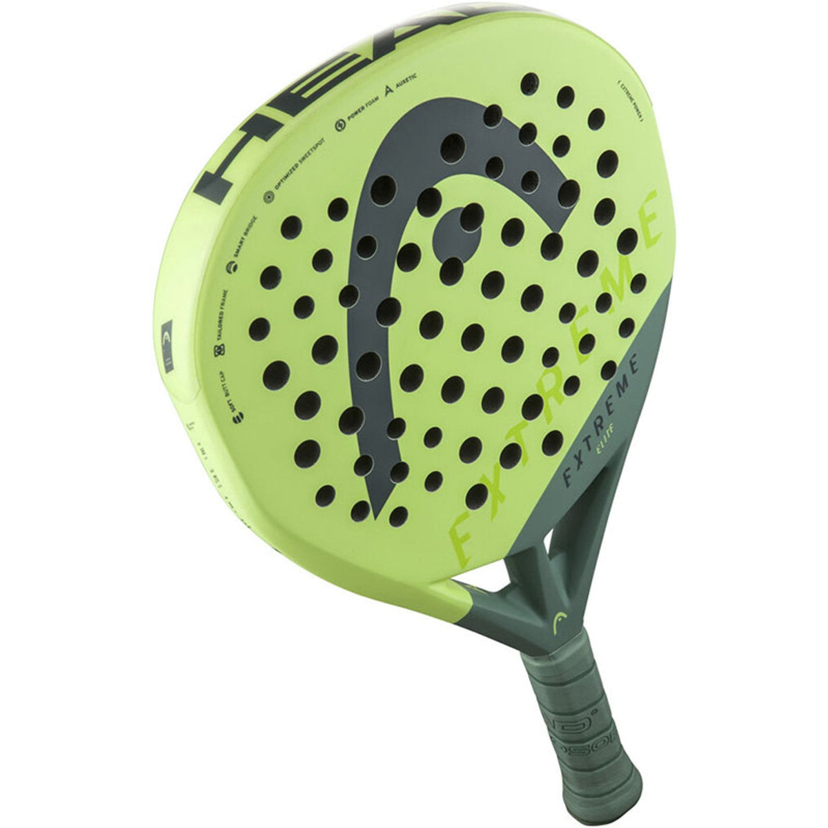 Head Extreme Elite 2023 vista dall’alto in obliquo con la superficie di battuta color verde lime in primo piano
