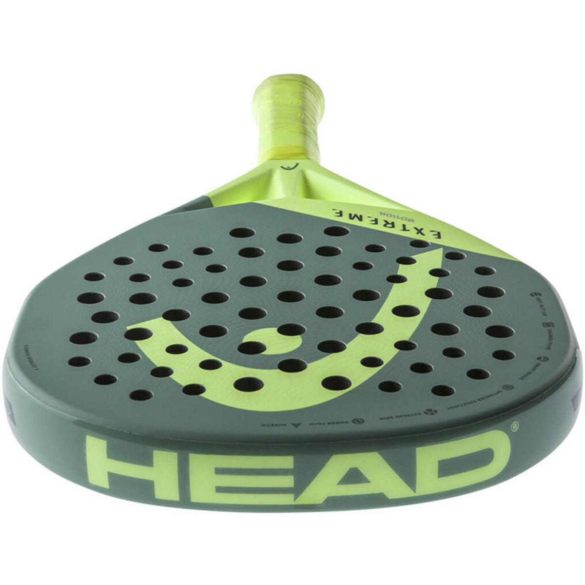 Pohled shora na raketu Head Extreme Motion 2023 s limetkově zeleným logem Head na okraji rámu