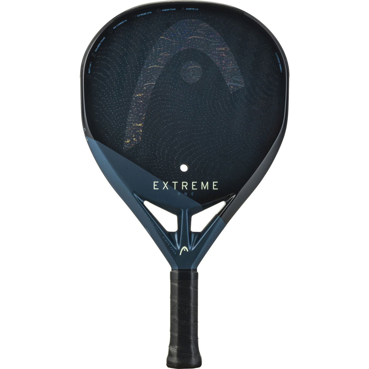 Partea din spate a rachetei de padel Head Extreme One 2025, de culoare albastru închis, cu suprafață din carbon mat
