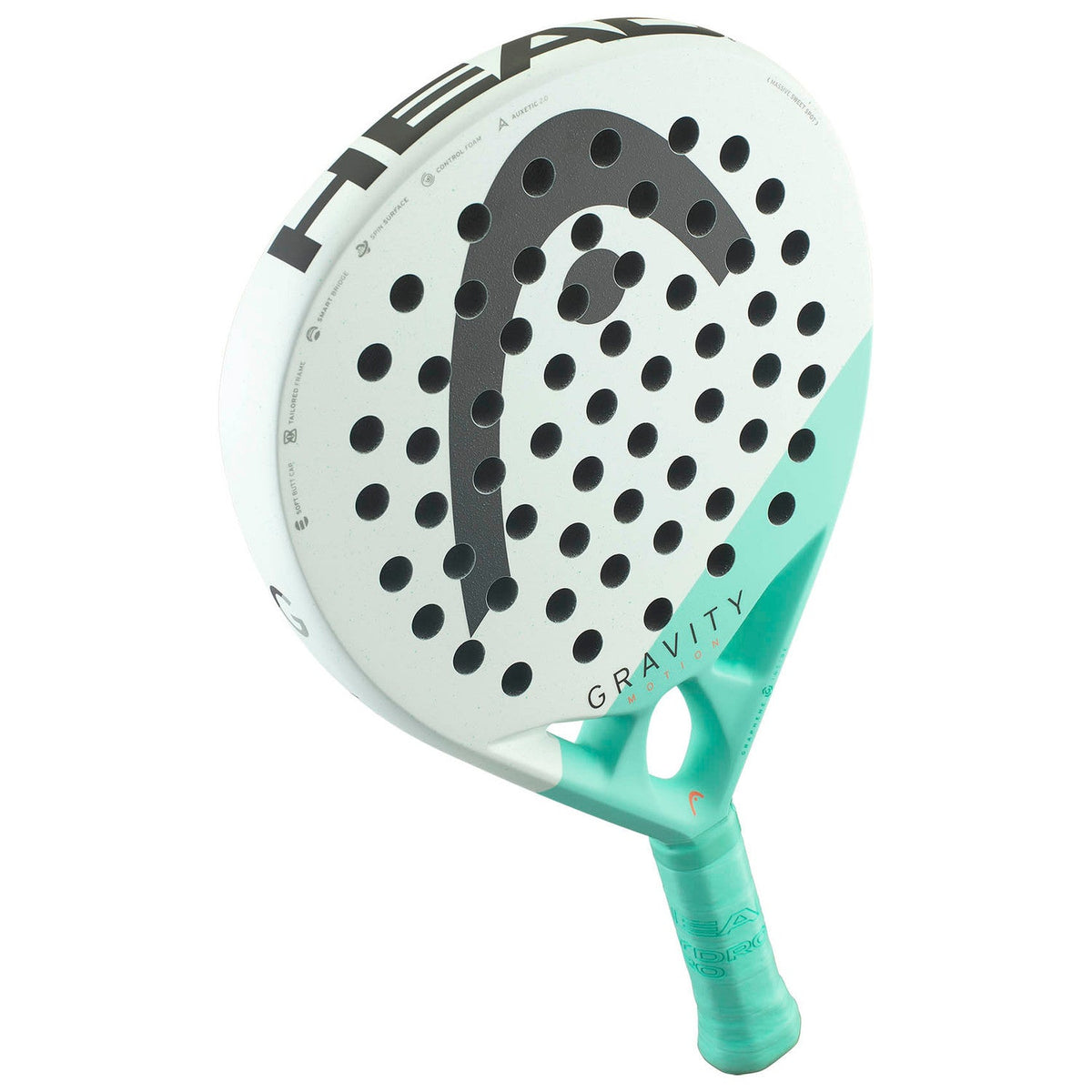 Head Gravity Motion 2024 gekanteld met Gravity-opdruk en turquoise grip