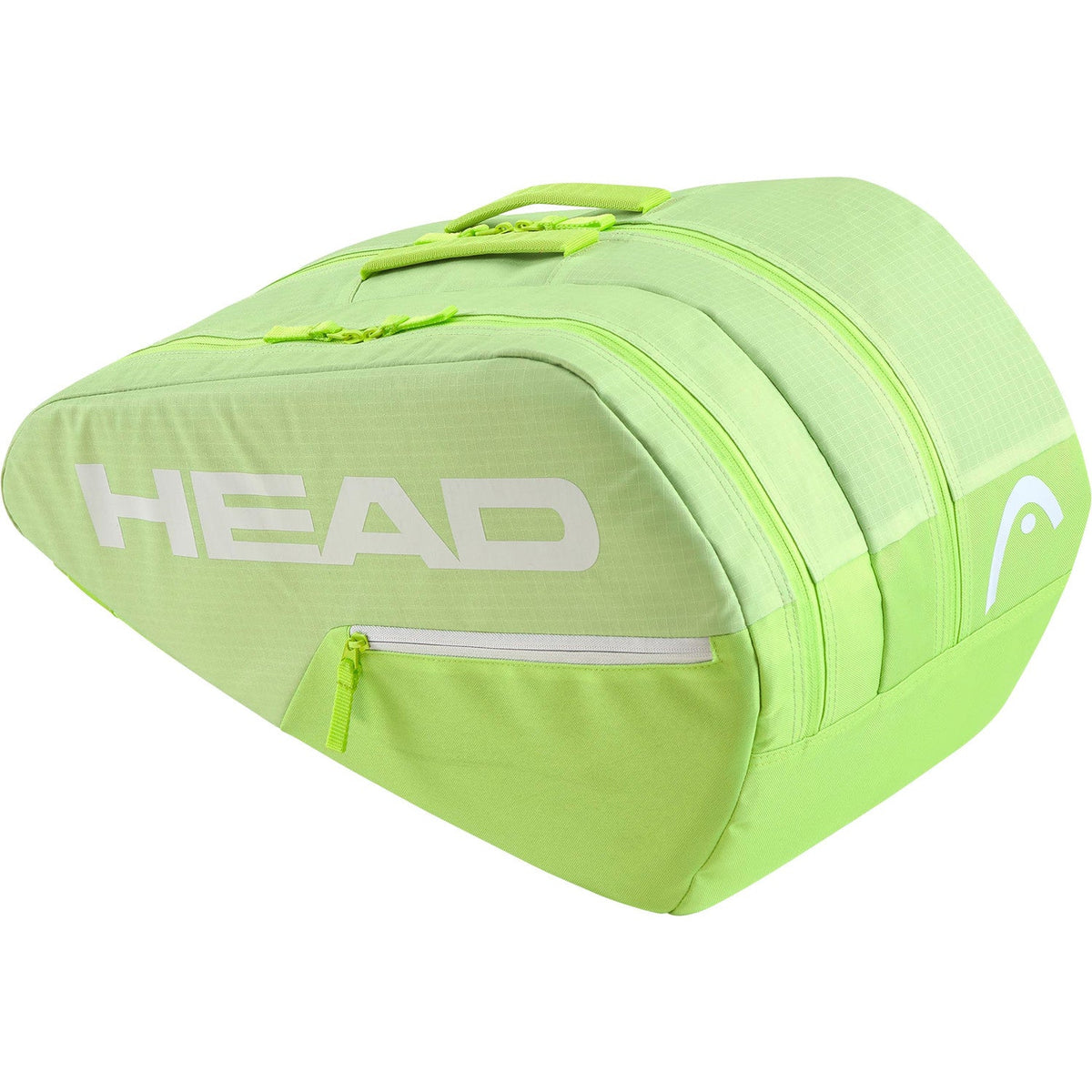 Zijaanzicht van de limegroene Head Base M racketbag met wit logo en dubbele rits