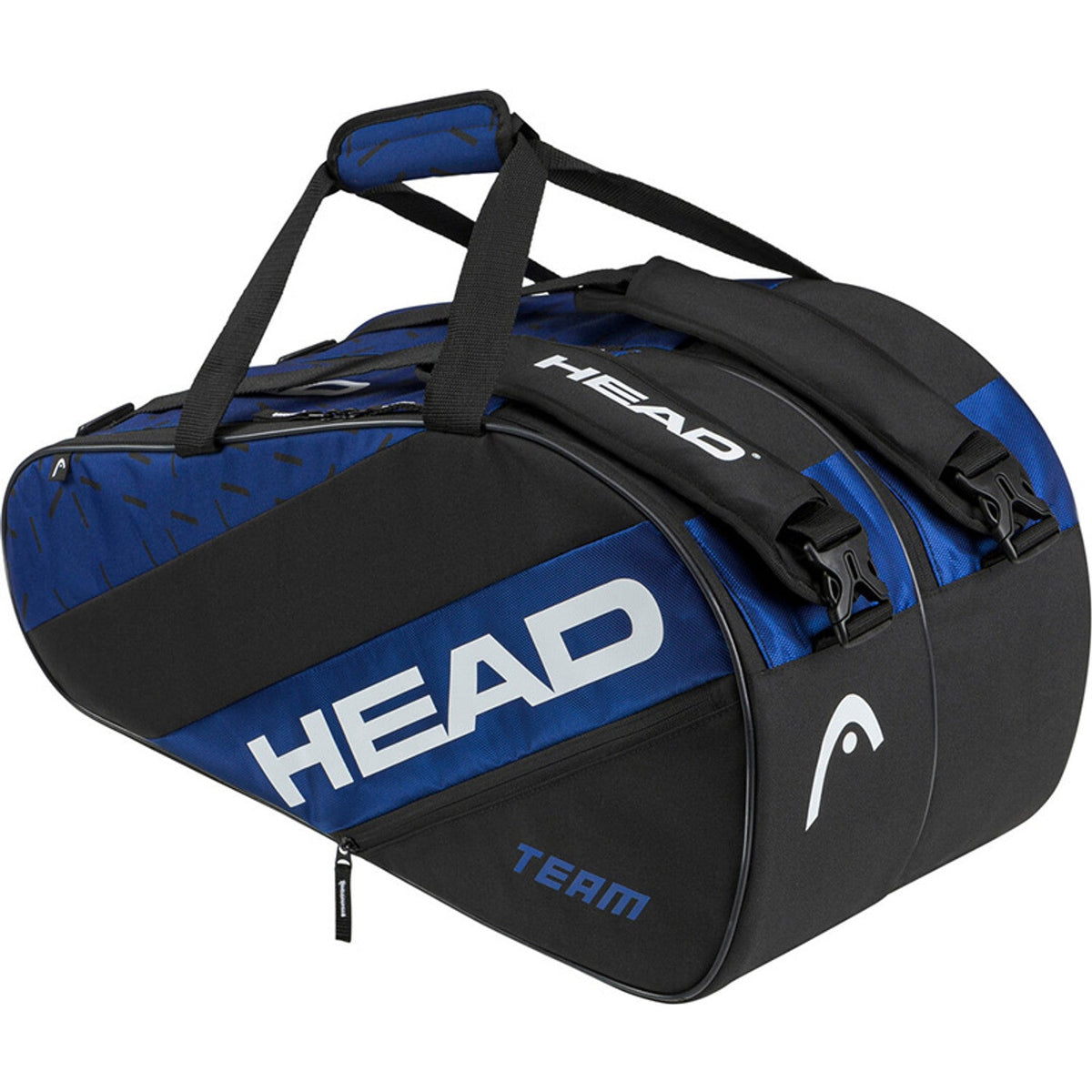 Zijaanzicht van de blauw-zwarte Head Team L racketbag met wit logo en Team-opdruk
