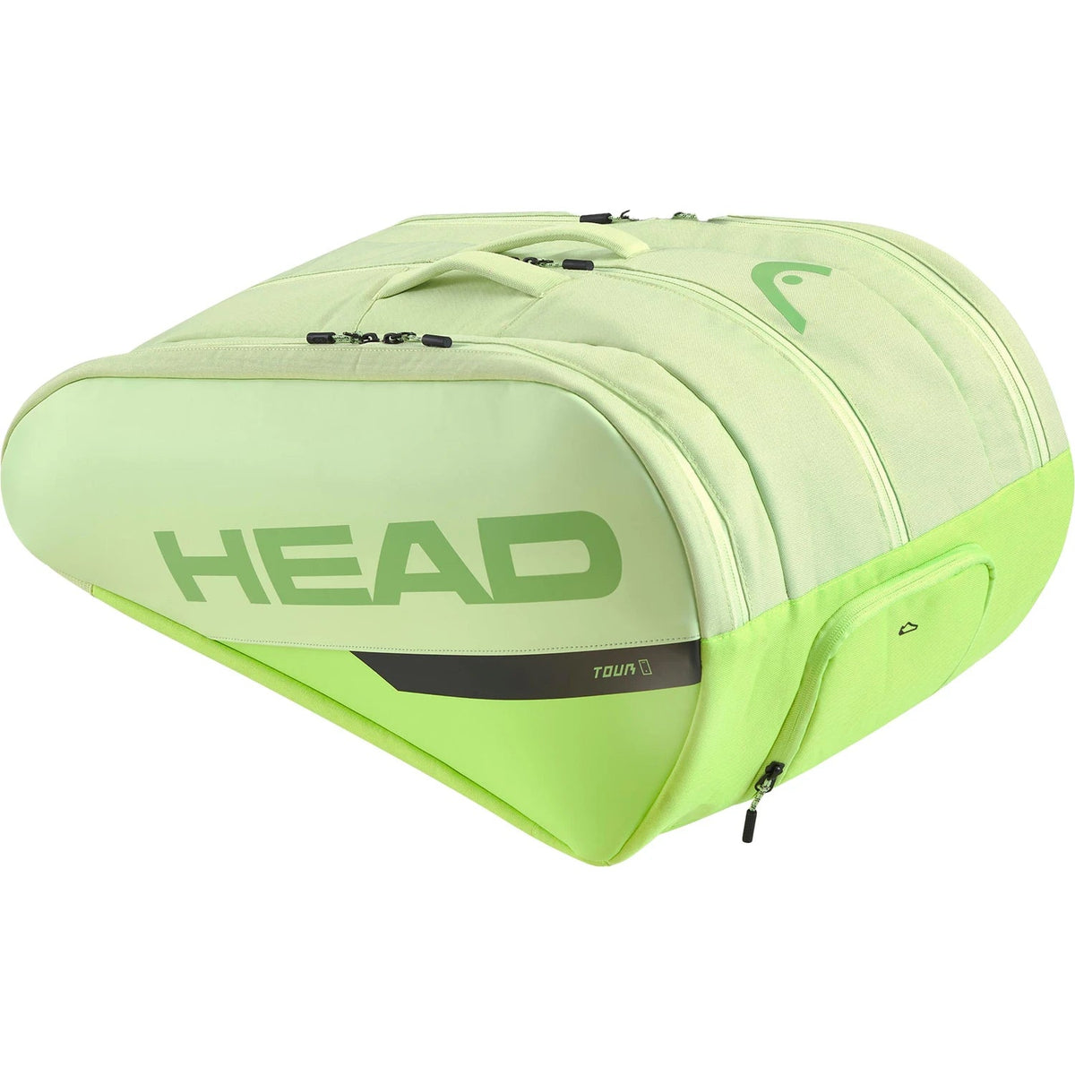 Zijaanzicht van de limegroene Head Tour L racketbag met donkergroen Head-logo