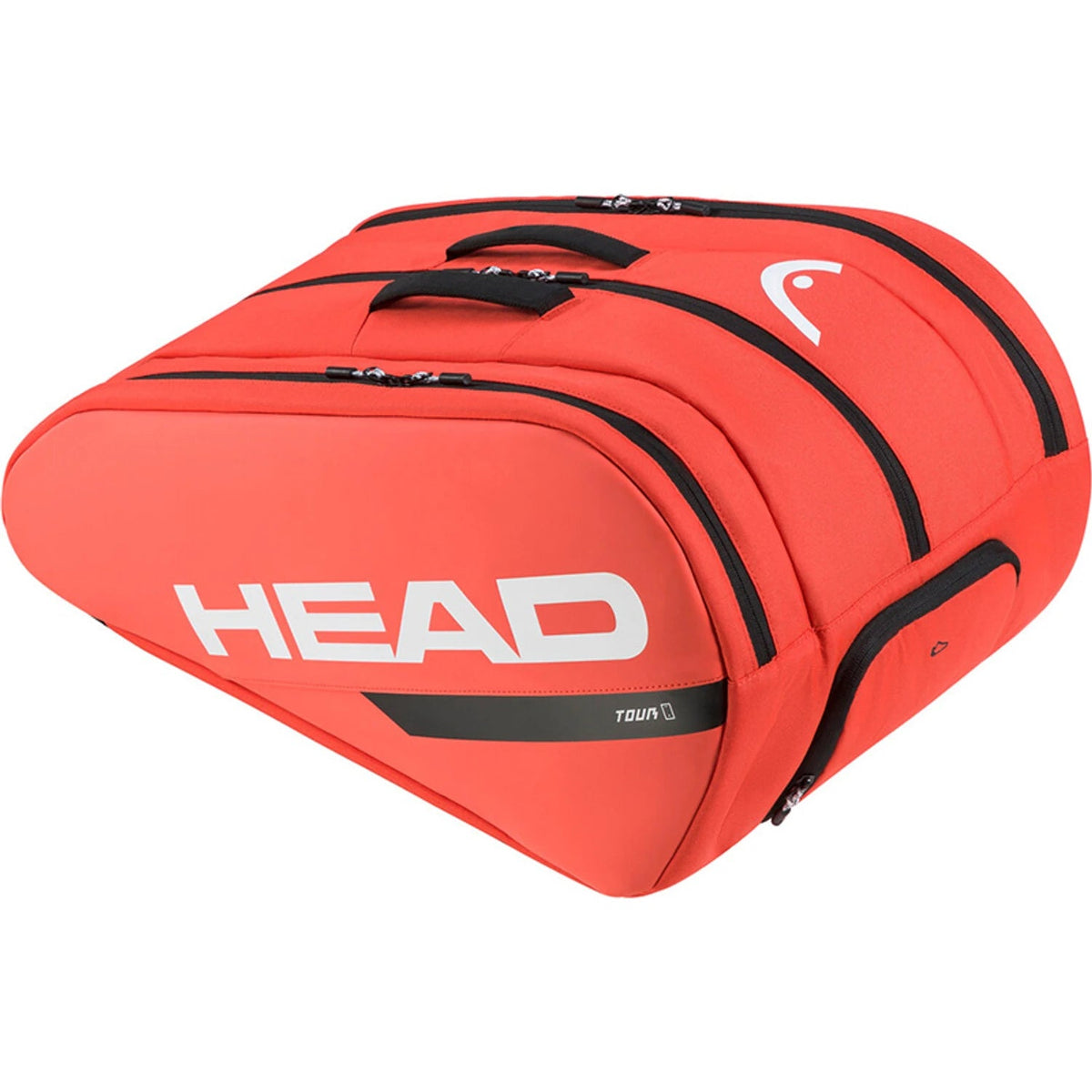 Zijaanzicht van de koraalrode Head Tour L racketbag met wit logo en zwarte ritsen