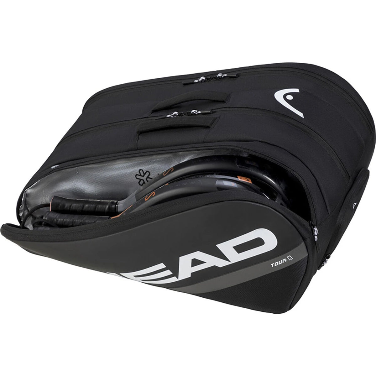 Geopende zwarte Head Tour L met een racket in het binnenvak en wit logo op de zijkant