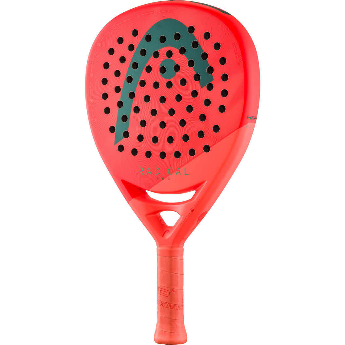 HEAD Radical Pro 2026 padelracket schuin vooraanzicht, druppelvorm in koraalrood