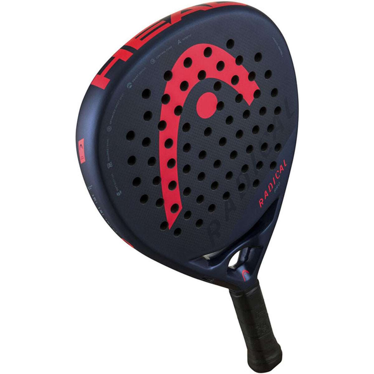Head Radical Pro 24 schuin van boven met koraalrode boog op het donkerblauwe slagvlak