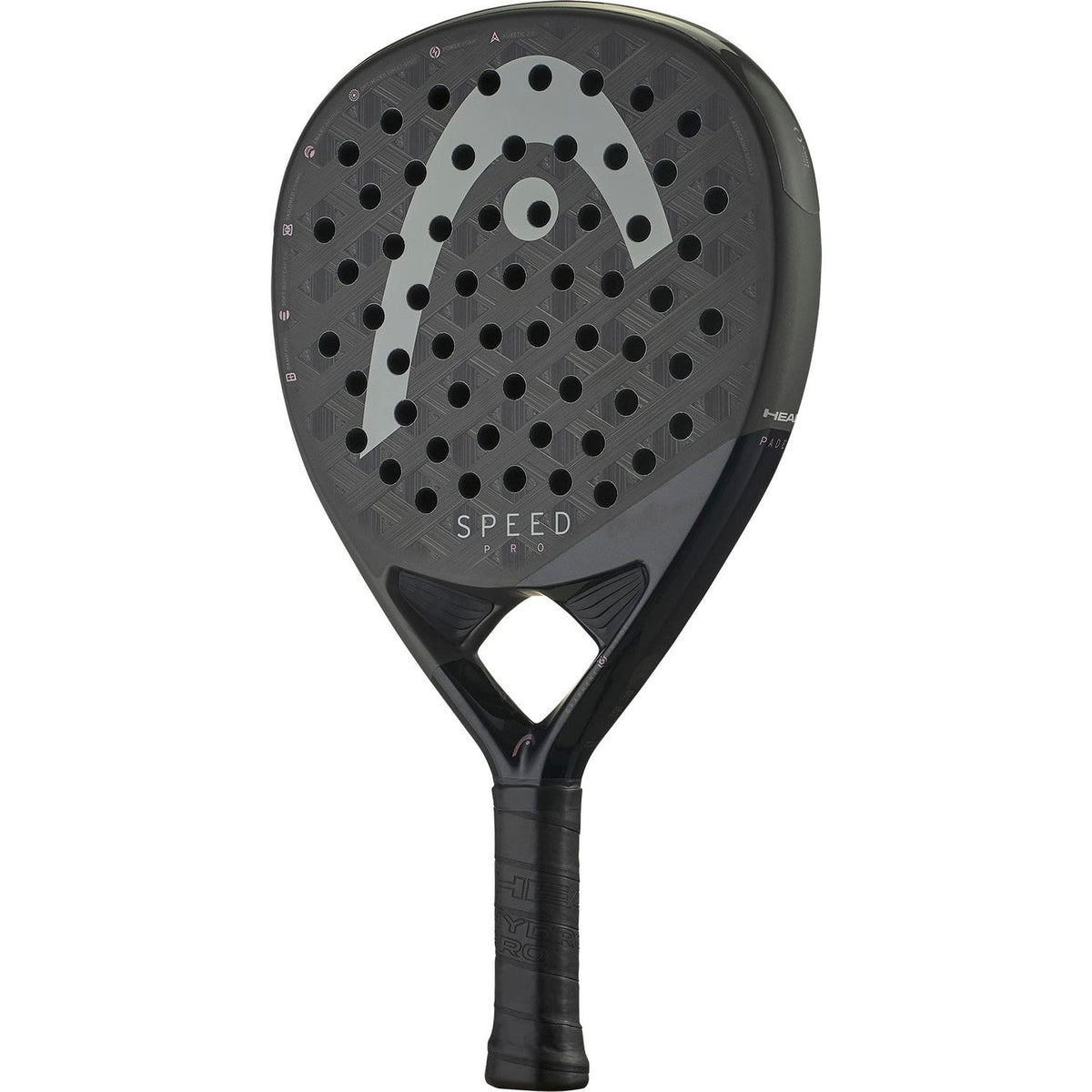 Rachetă de padel Head Speed Pro 2025, vedere frontală înclinată, formă de picătură, în negru cu argintiu
