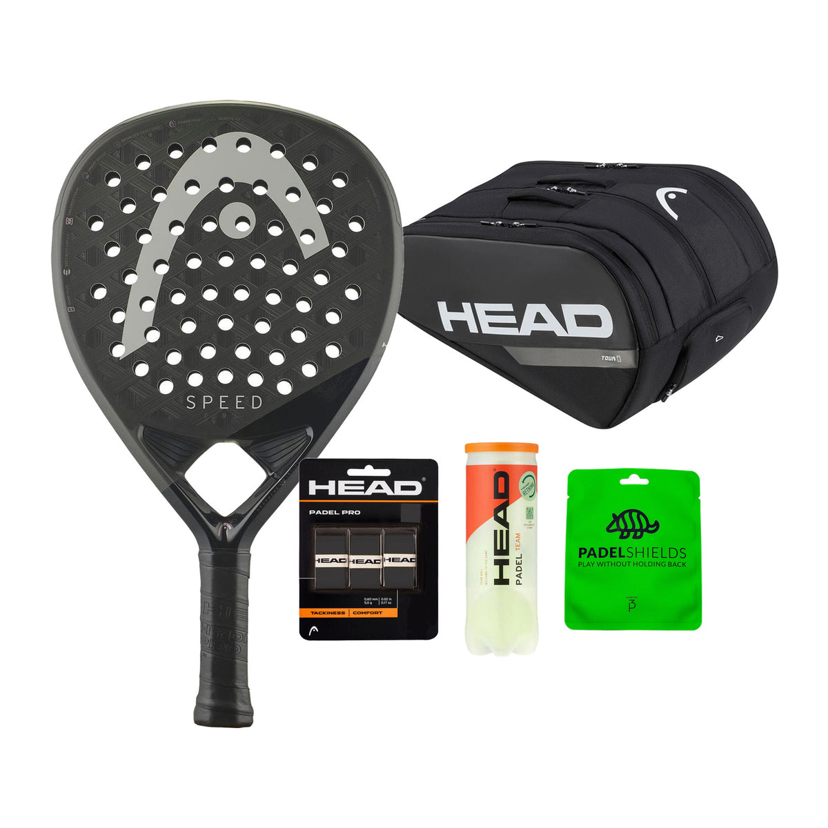 Head Speed Pro Complete Bundle: Head Speed Pro 2025 padelracket, Head Racketbag Tour L Black/White, Head Padel Team ballen, HEAD Padel Pro Overgrips en Padel Shields