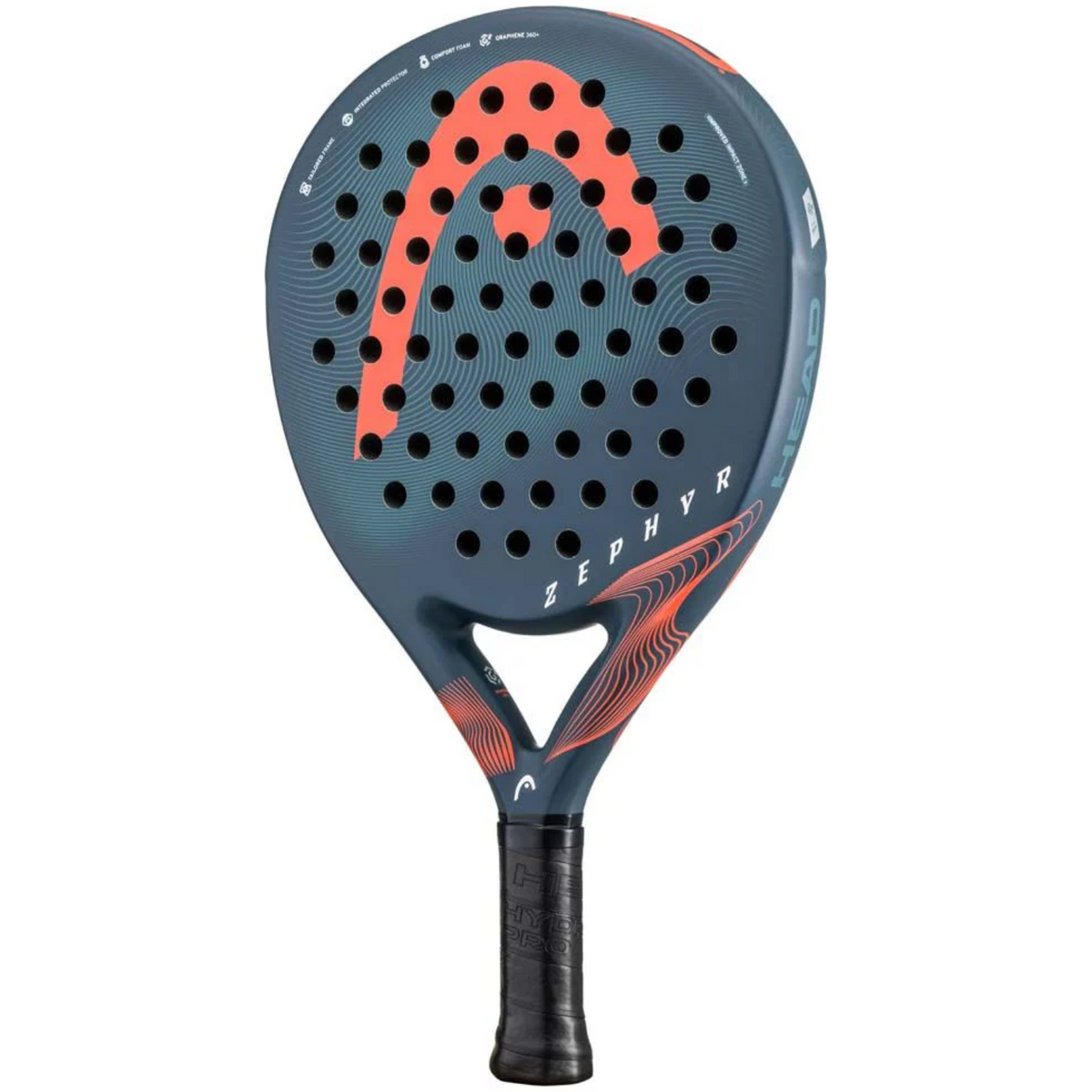 Racchetta da padel Head Zephyr, vista frontale obliqua, forma arrotondata in grigio scuro