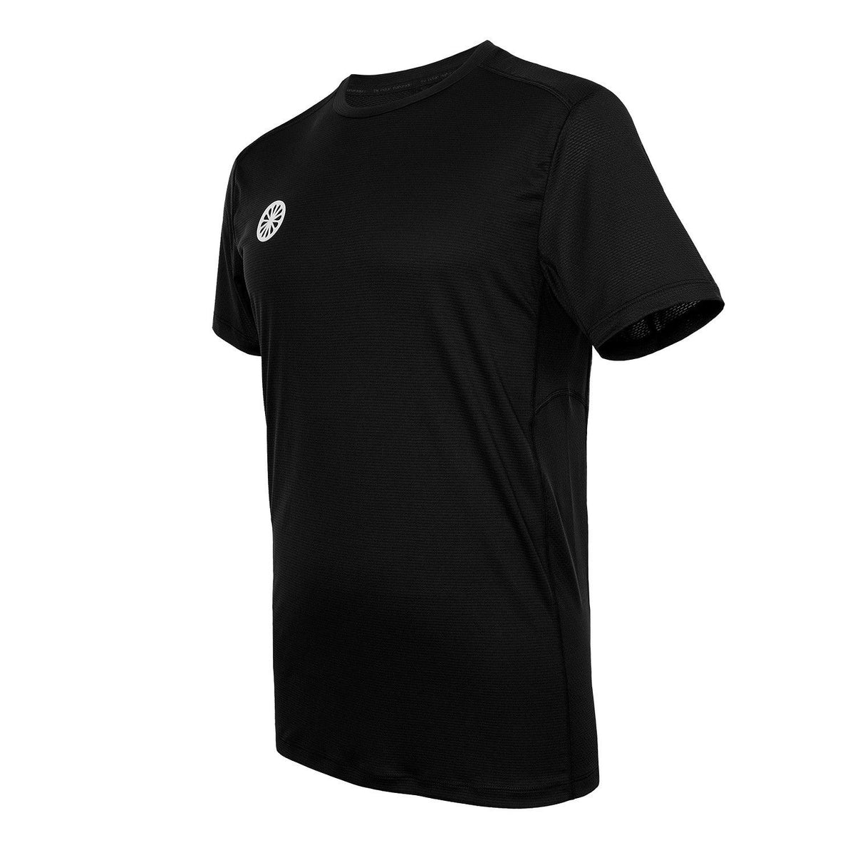 Zijaanzicht van het zwarte Agility T-shirt met logo op de borst
