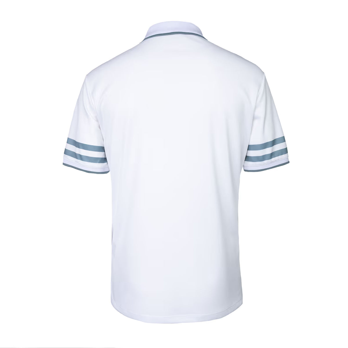 Achterzijde van de witte Indian Maharadja polo met lichtblauwe strepen