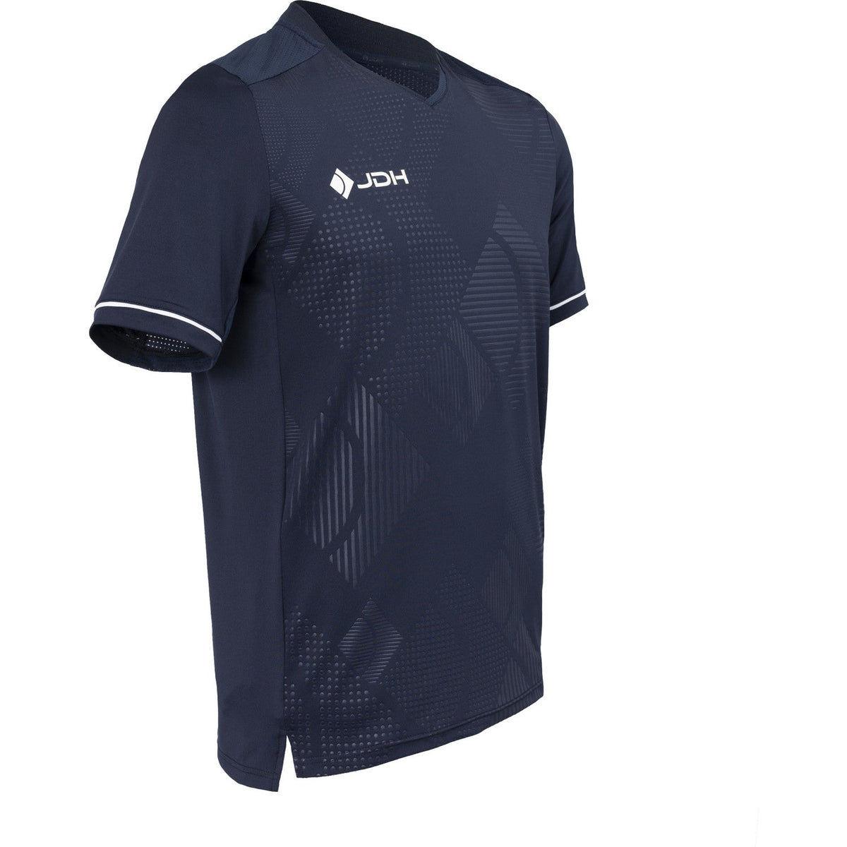 Schuin vooraanzicht van het donkerblauwe JDH Carbon Pro jongensshirt met korte mouwen