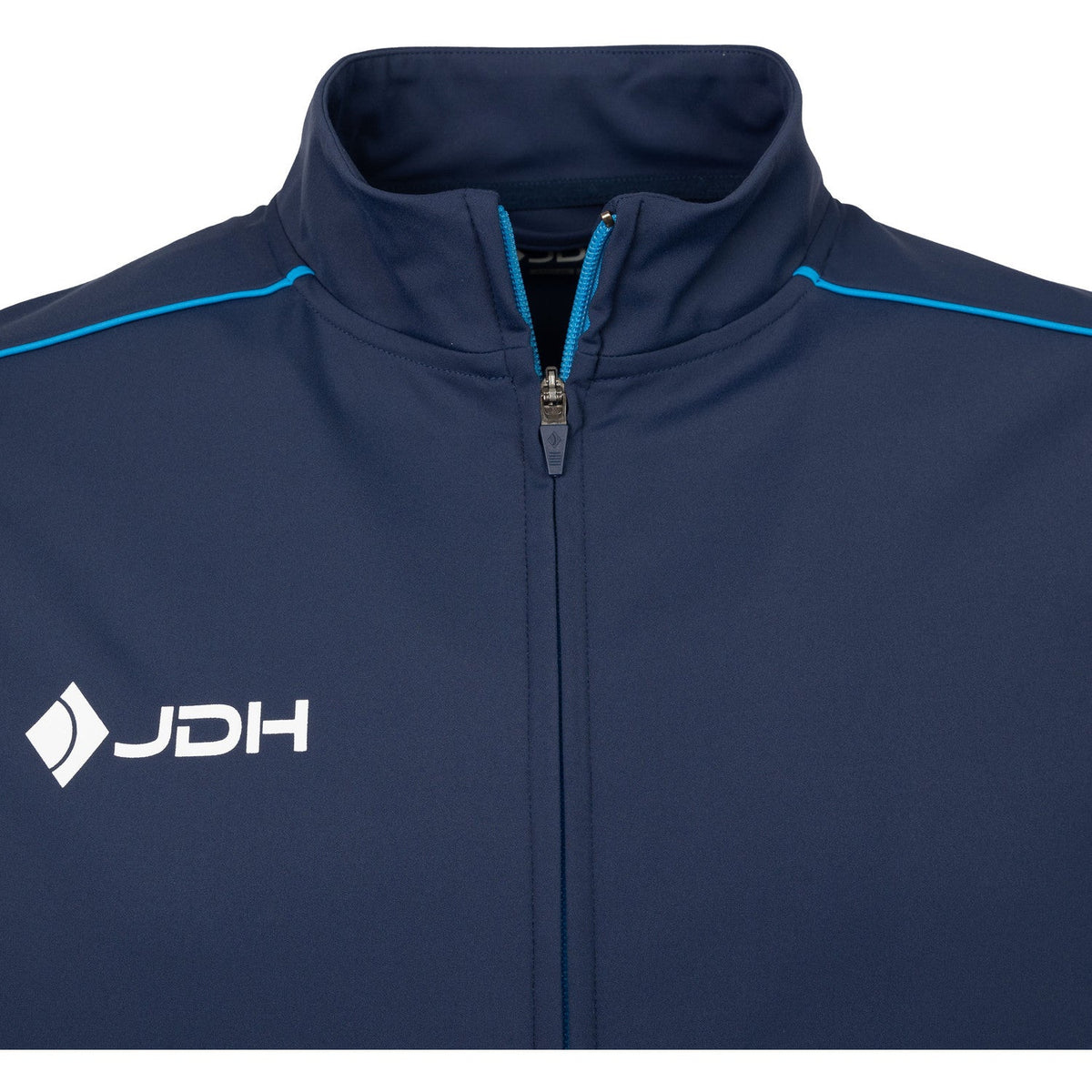 Detail van de rits en het witte JDH logo op het donkerblauwe Carbon Pro jack