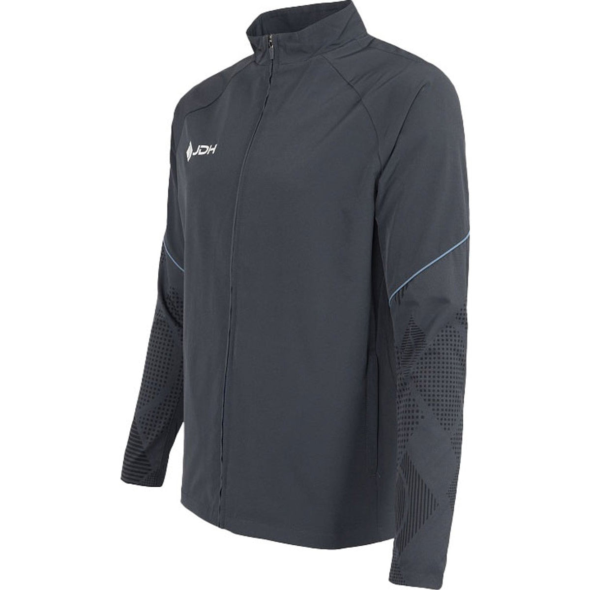 Zijaanzicht van het grijze Carbon Pro Light jack met blauwe lijn over de mouw