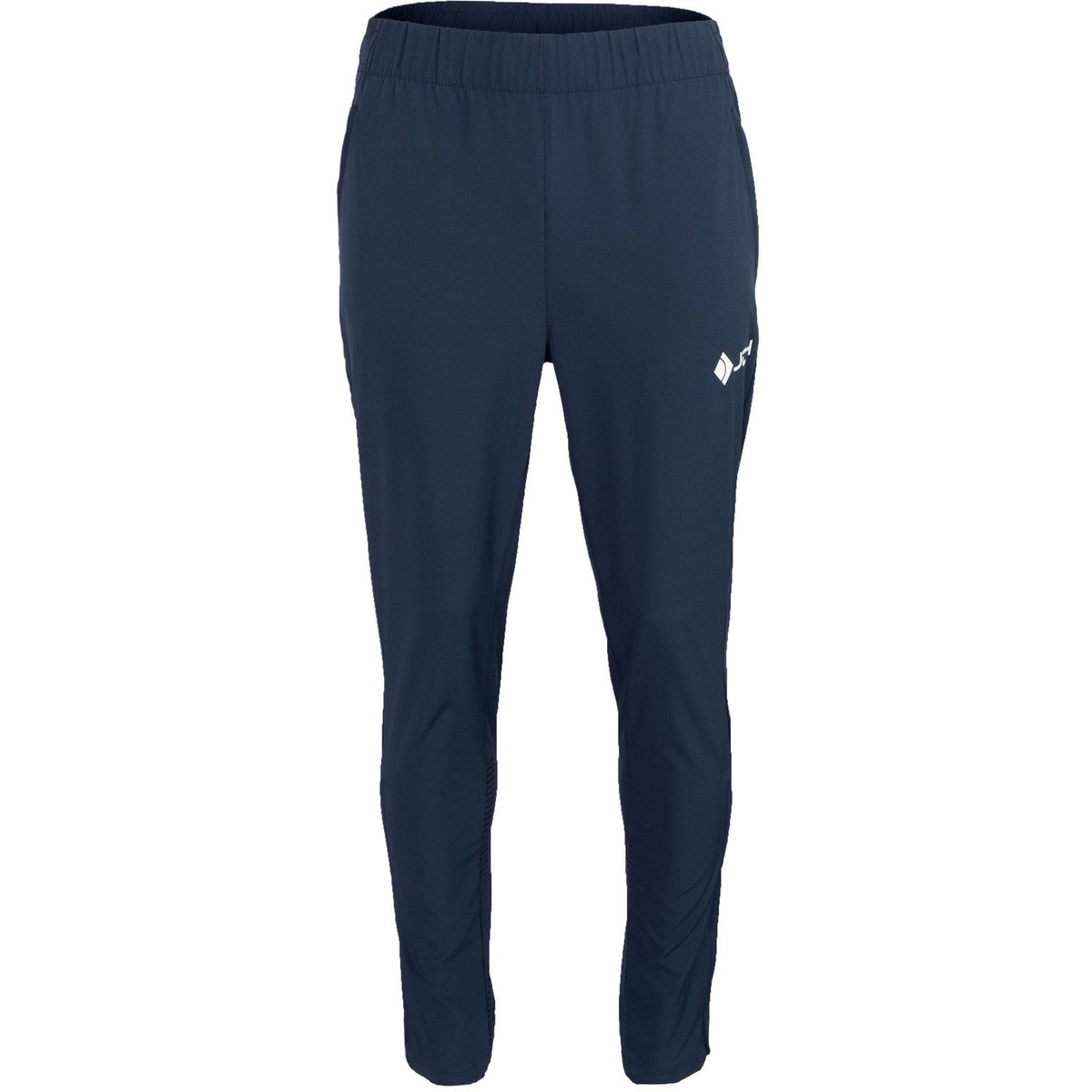 Vooraanzicht van de donkerblauwe JDH Carbon Pro Light broek met wit logo op de dij