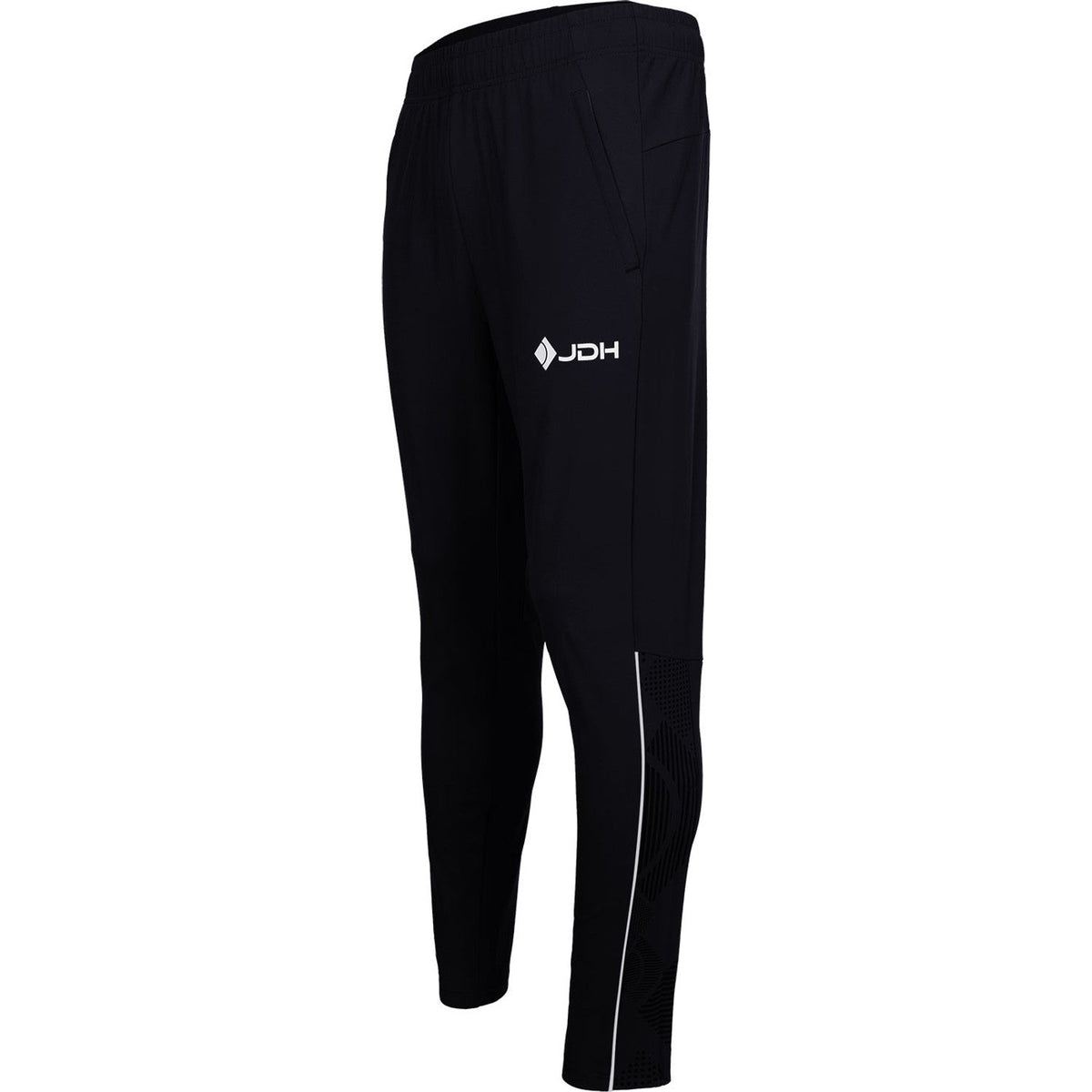 Schuin vooraanzicht van de zwarte Carbon Pro broek met wit accent langs de pijp