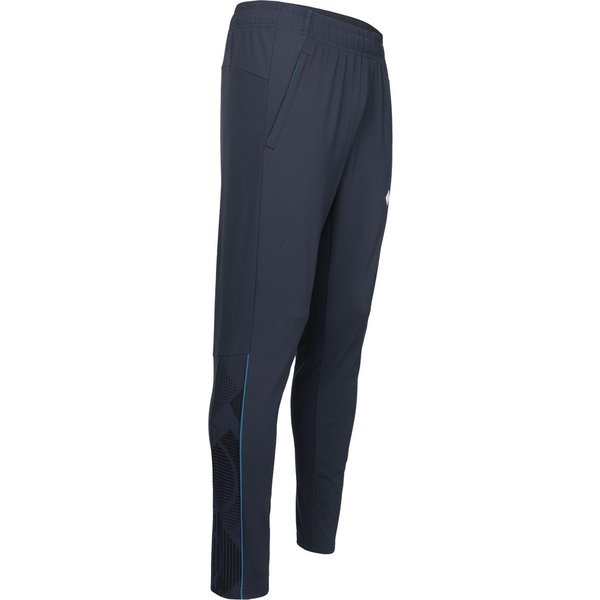 Zijaanzicht van de grijze JDH Carbon Pro broek met blauwe lijn langs het onderbeen