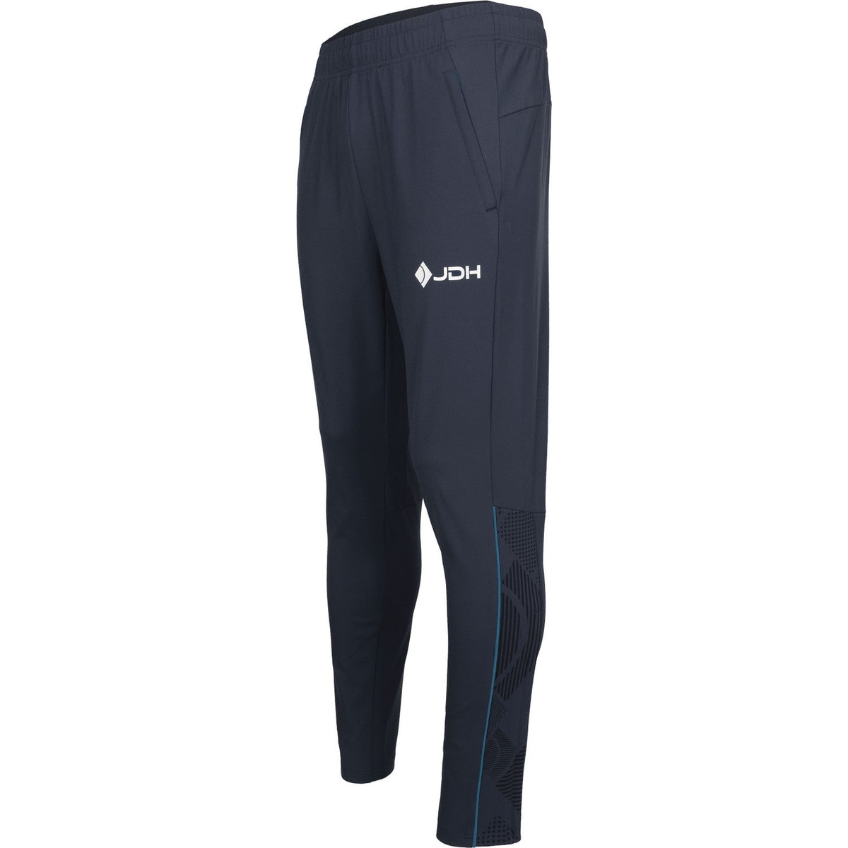 Schuin vooraanzicht van de grijze Carbon Pro broek met logo en blauw accent op de pijp