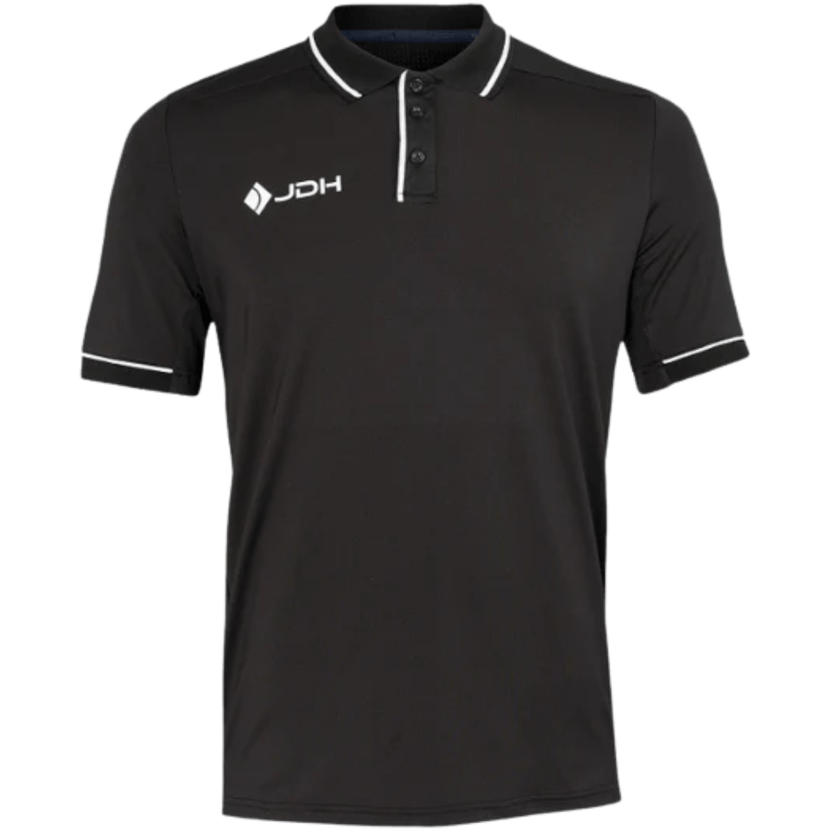 JDH Carbon Pro polo voor heren in zwart, vooraanzicht met witte biezen