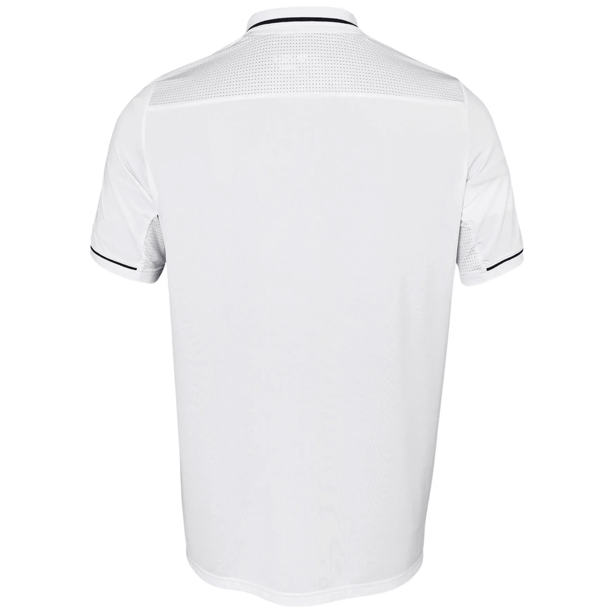 Achterzijde van de witte JDH Carbon Pro polo met donkerblauwe mouwbies