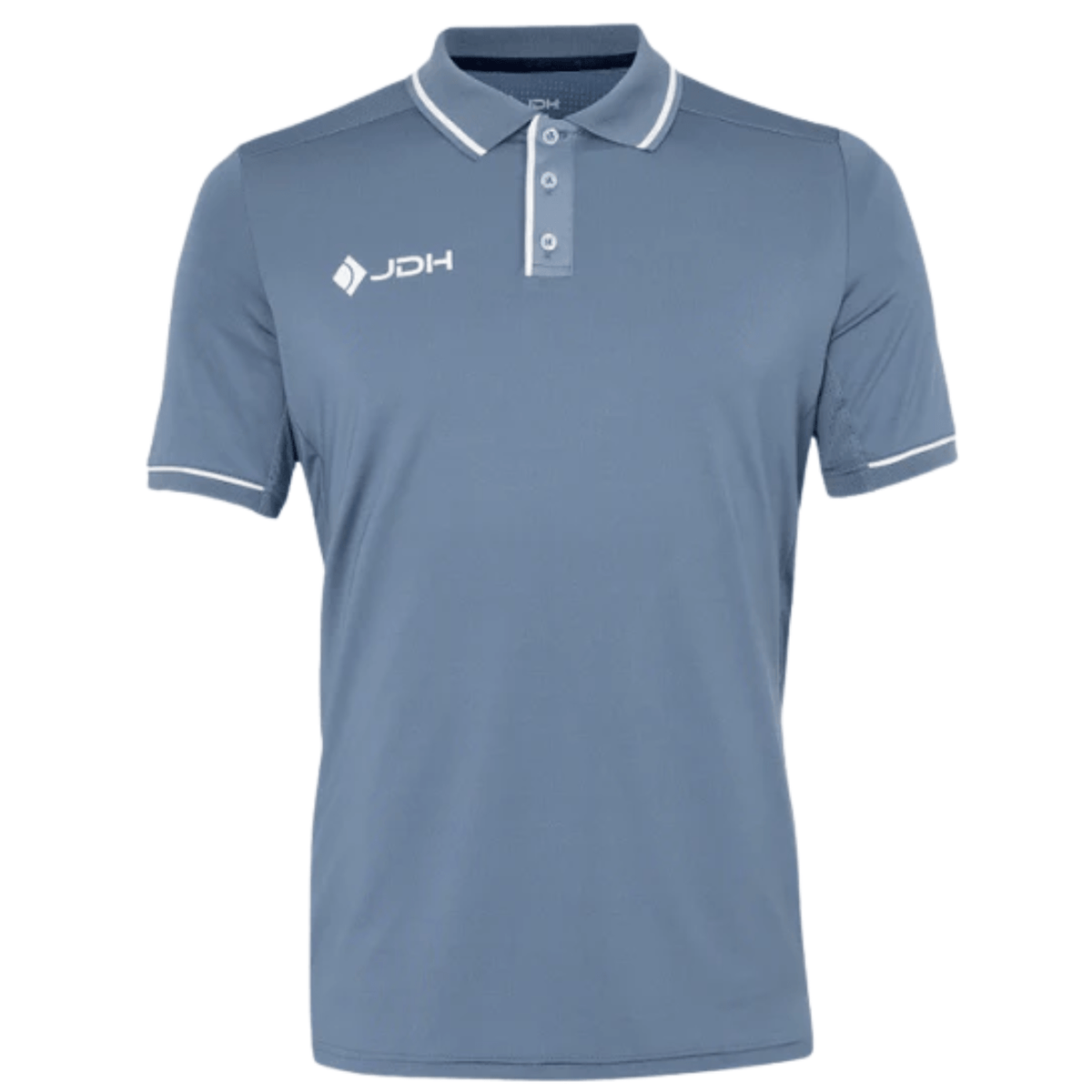 JDH Carbon Pro polo voor heren in grijsblauw, vooraanzicht met witte biezen
