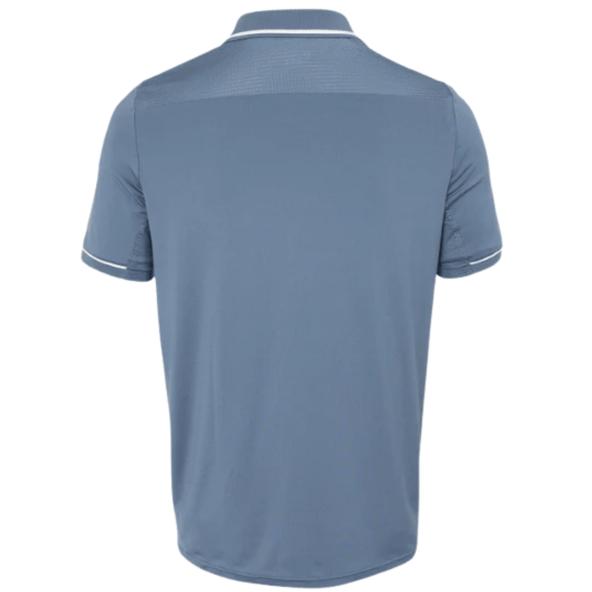 Achterzijde van de grijsblauwe JDH Carbon Pro polo met witte mouwbies