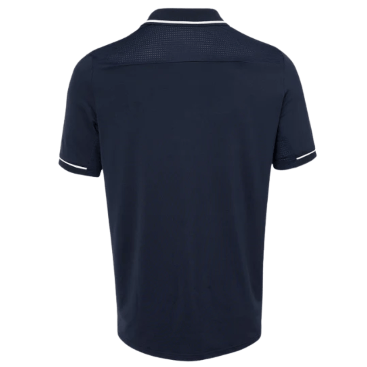 Achterzijde van de marineblauwe JDH Carbon Pro polo met witte mouwbies