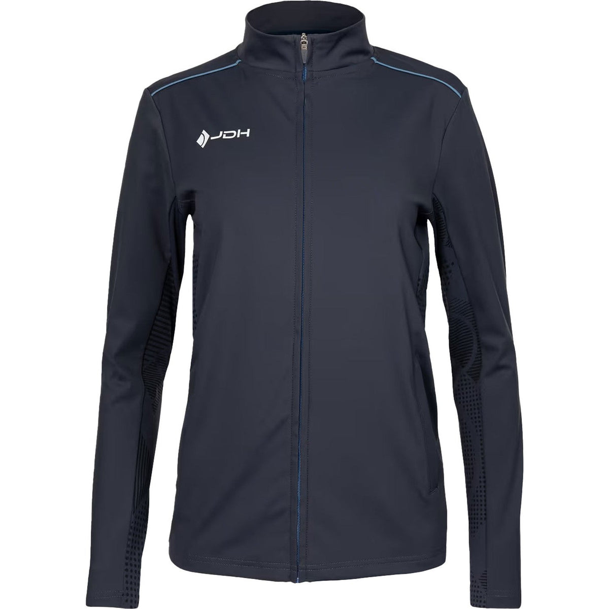 Vooraanzicht van het grijze JDH Carbon Pro damesjack met blauwe bies over de schouders