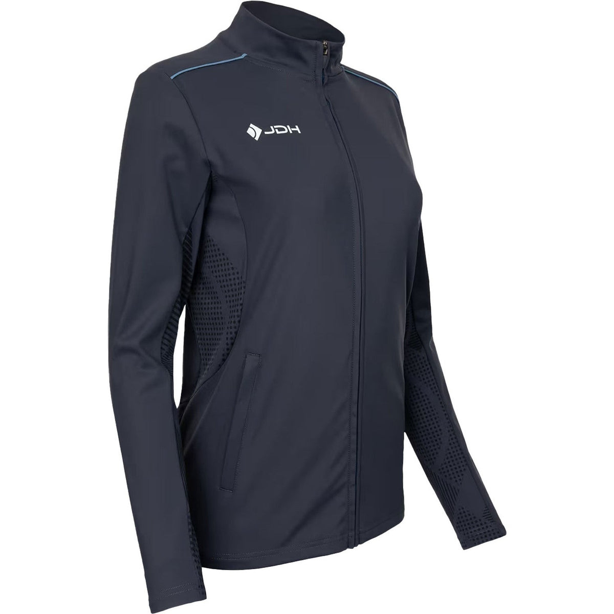 Schuin vooraanzicht van het grijze Carbon Pro damesjack met wit logo en rits