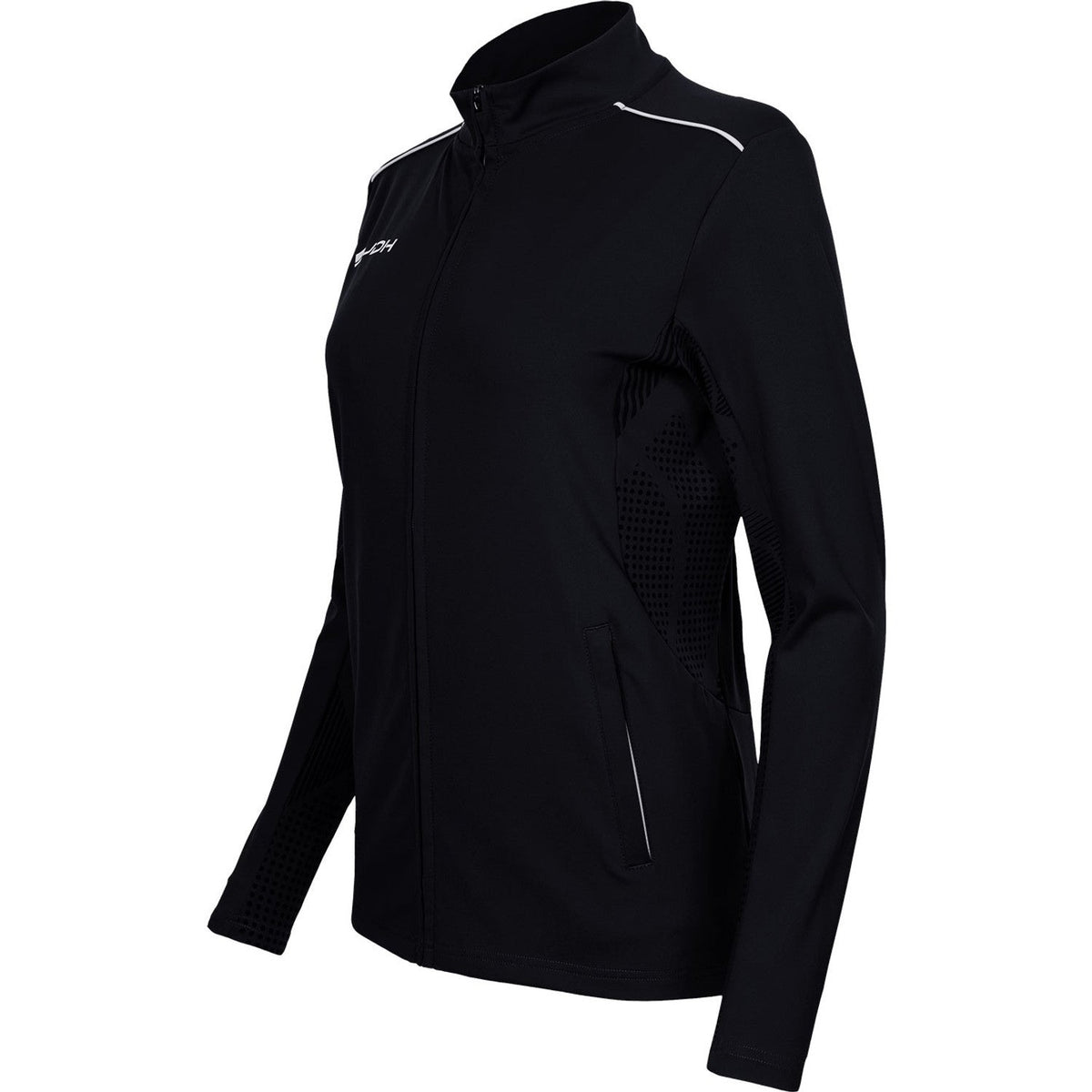 Zijaanzicht van het zwarte JDH Carbon Pro damesjack met witte accentlijn op de schouder