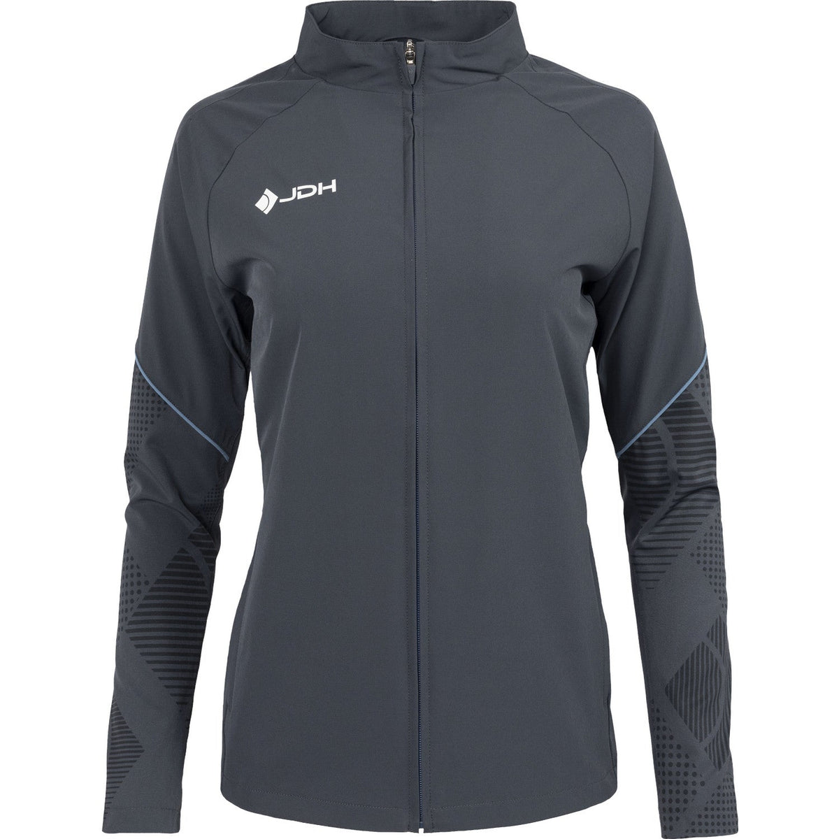 Vooraanzicht van het grijze JDH Carbon Pro Light damesjack met rits en wit logo