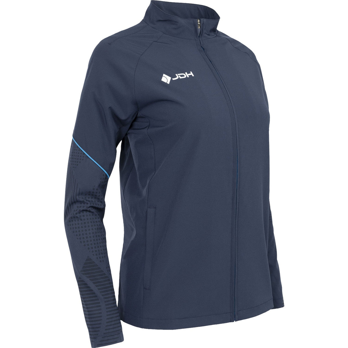 Schuin vooraanzicht van het donkerblauwe Carbon Pro Light damesjack met wit logo