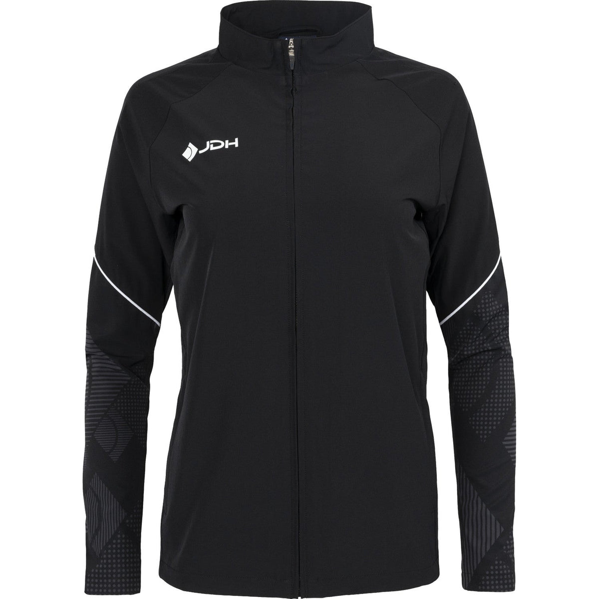 Vooraanzicht van het zwarte JDH Carbon Pro Light damesjack met witte accentlijnen