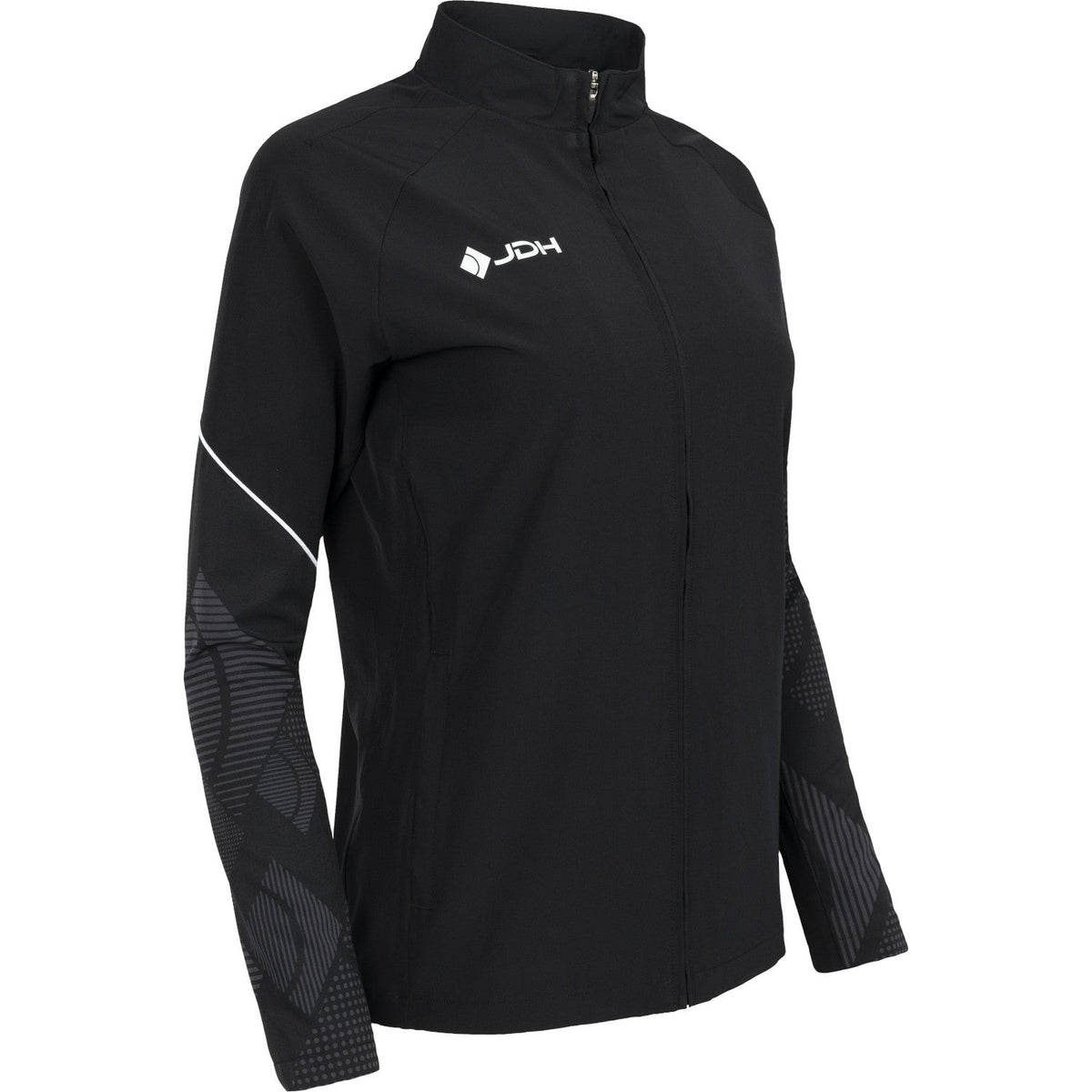 Schuin vooraanzicht van het zwarte Carbon Pro Light damesjack met wit logo op de borst