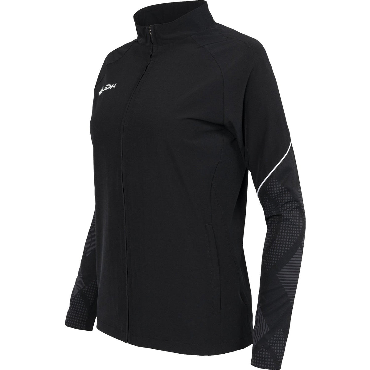 Zijaanzicht van het zwarte JDH Carbon Pro Light damesjack met witte lijn op de mouw
