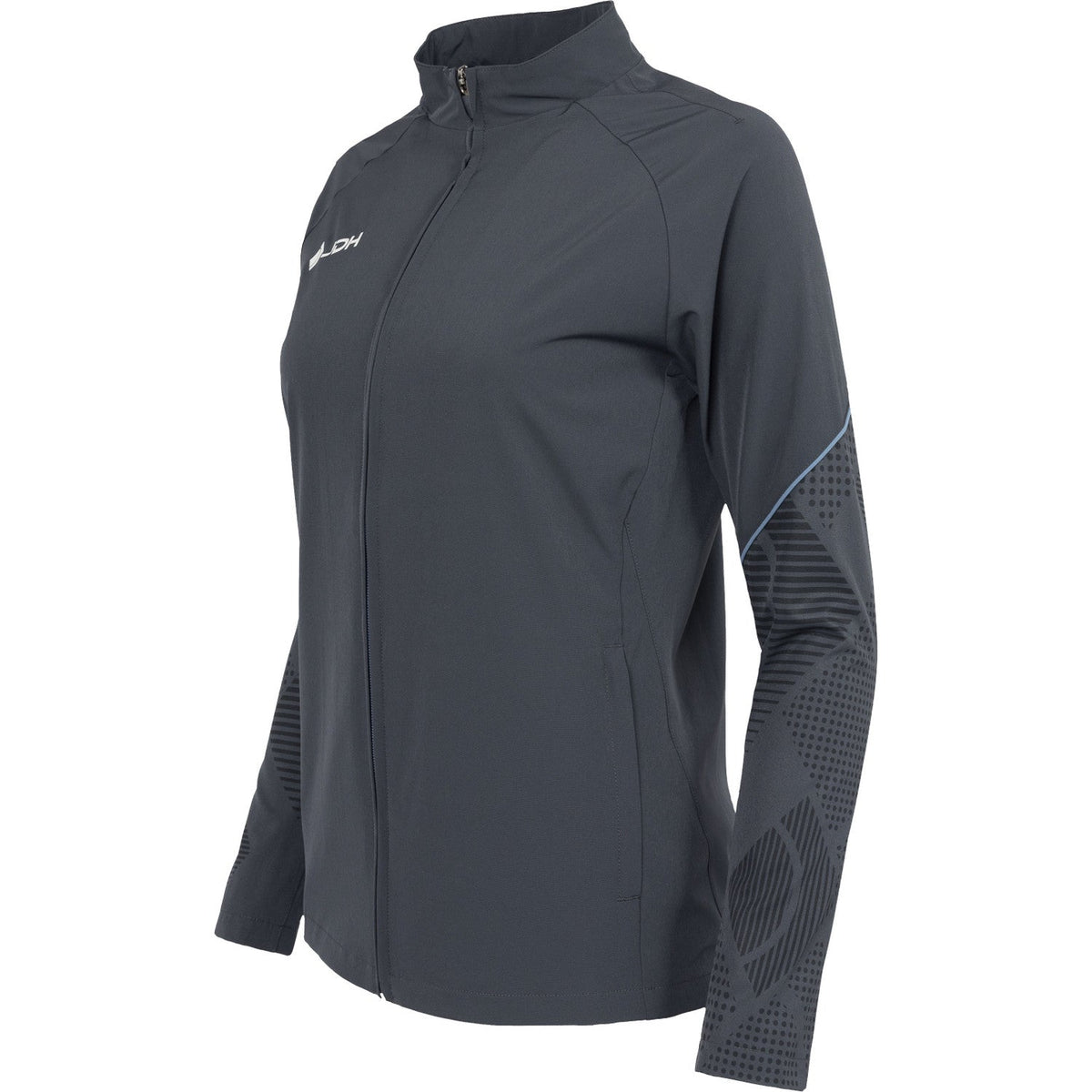 Zijaanzicht van het grijze JDH Carbon Pro Light damesjack met patroon op de mouw