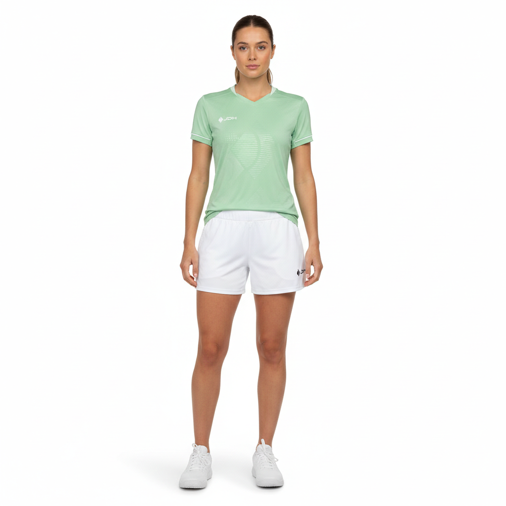 Model draagt de JDH Carbon W Pro set met mintgroen shirt en witte short