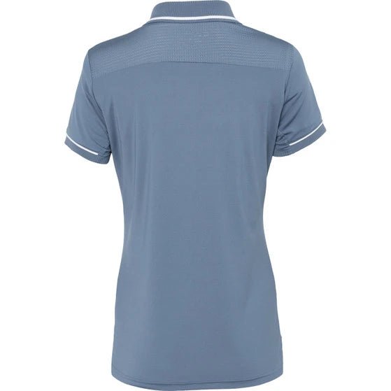 Achterzijde van de grijsblauwe JDH Carbon W Pro polo met witte mouwbies