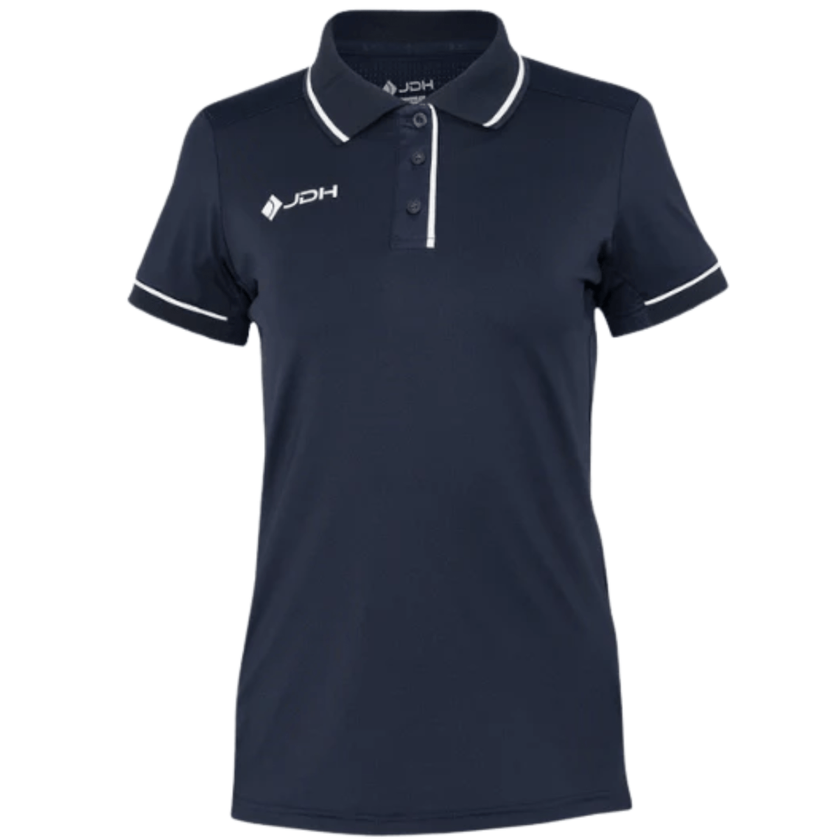 JDH Carbon W Pro polo voor dames in marineblauw, vooraanzicht met witte biezen