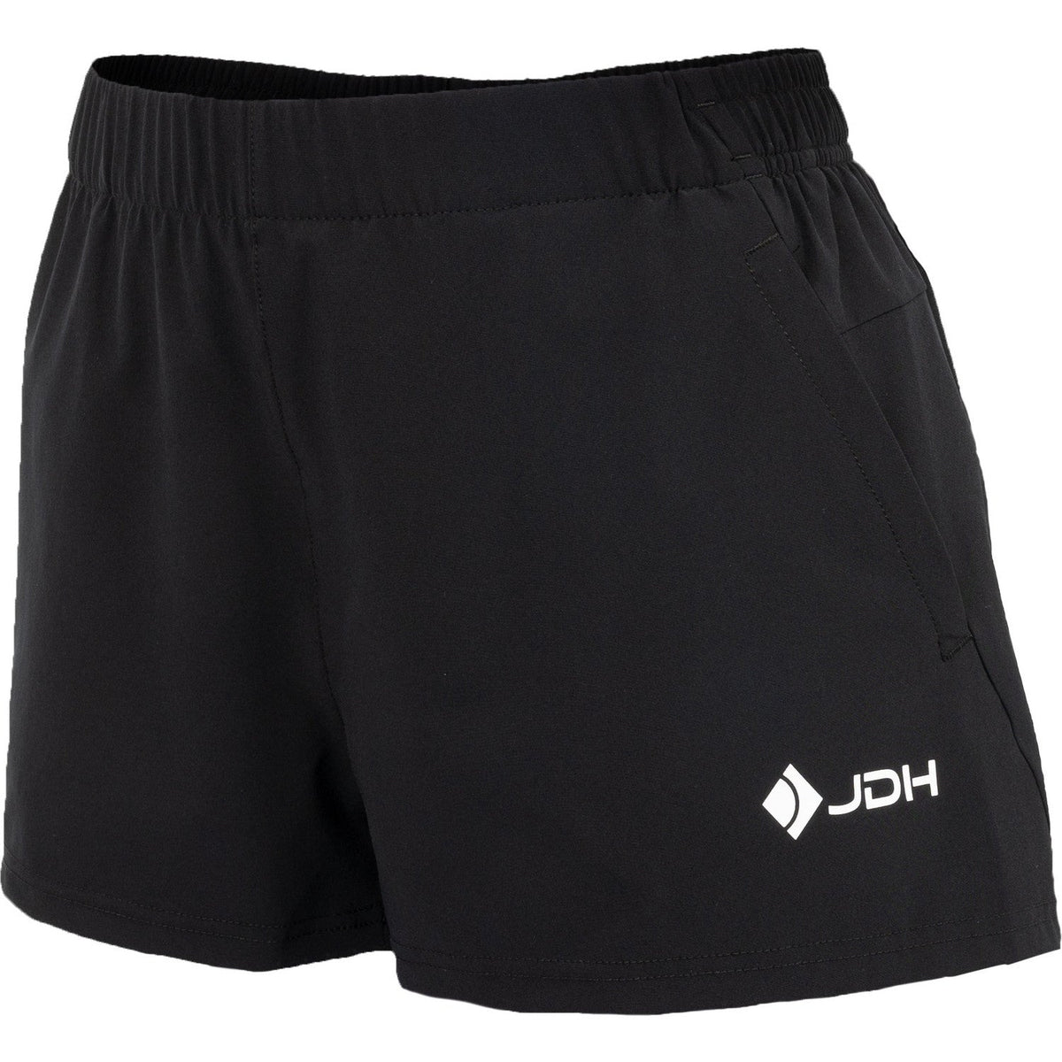 Schuin vooraanzicht van de zwarte Carbon Pro damesshort met wit JDH logo op de pijp